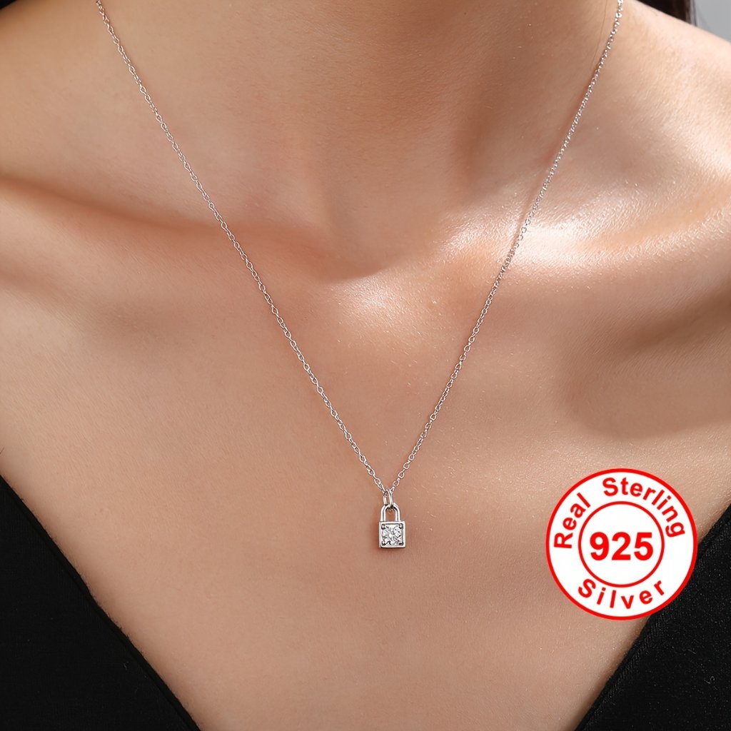 925 Sterling Silver Lock Shaped Simple Necklace Fine Jewelry For Women